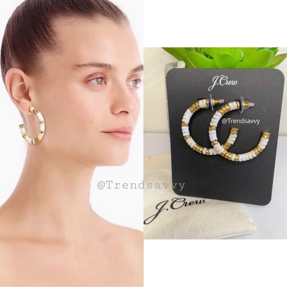 J.Crew Gold White Beaded Hoop Earrings Zigzag Stacked Statement Boho Chic NWT